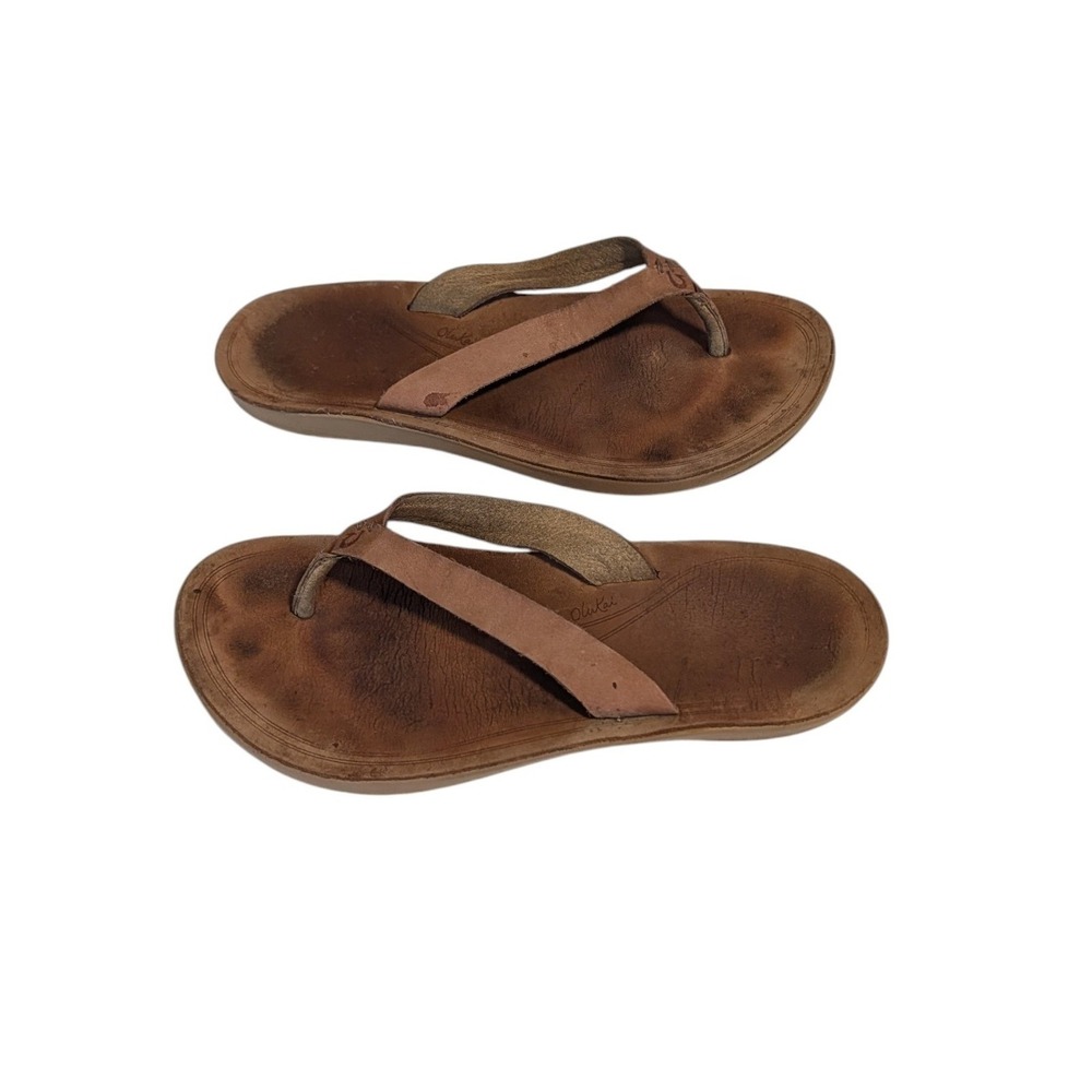 OluKai Nonohe Brown Leather Flip Flop Sandals 20440-WCGS Thong Women Size 7 EU37